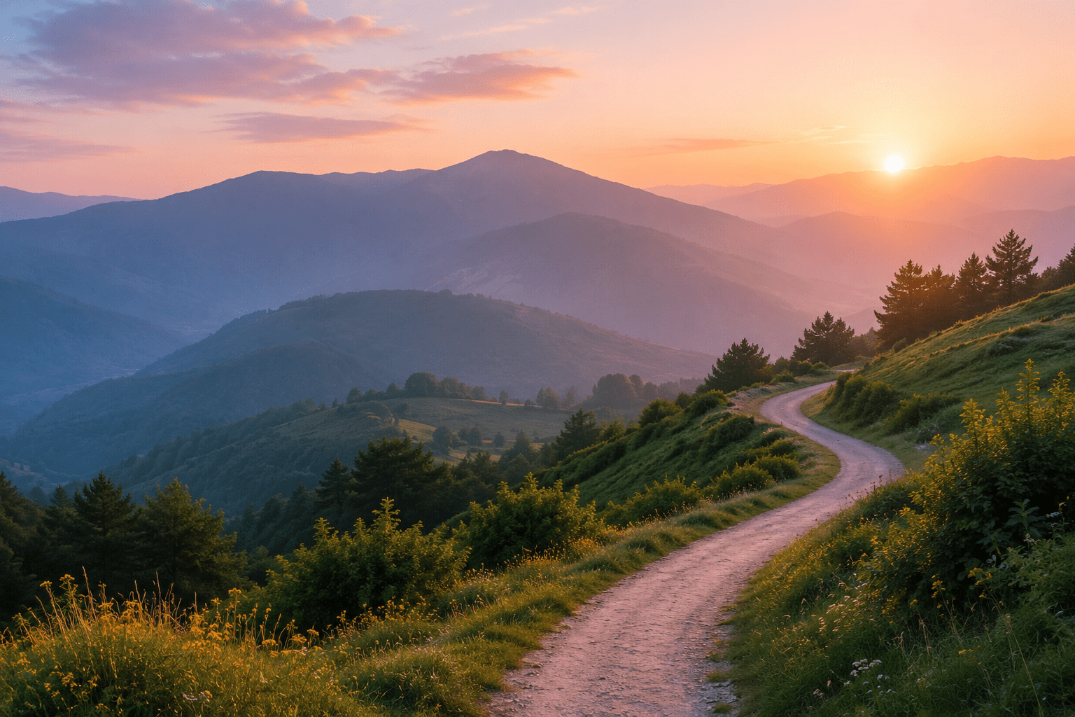 Mountain path at sunrise