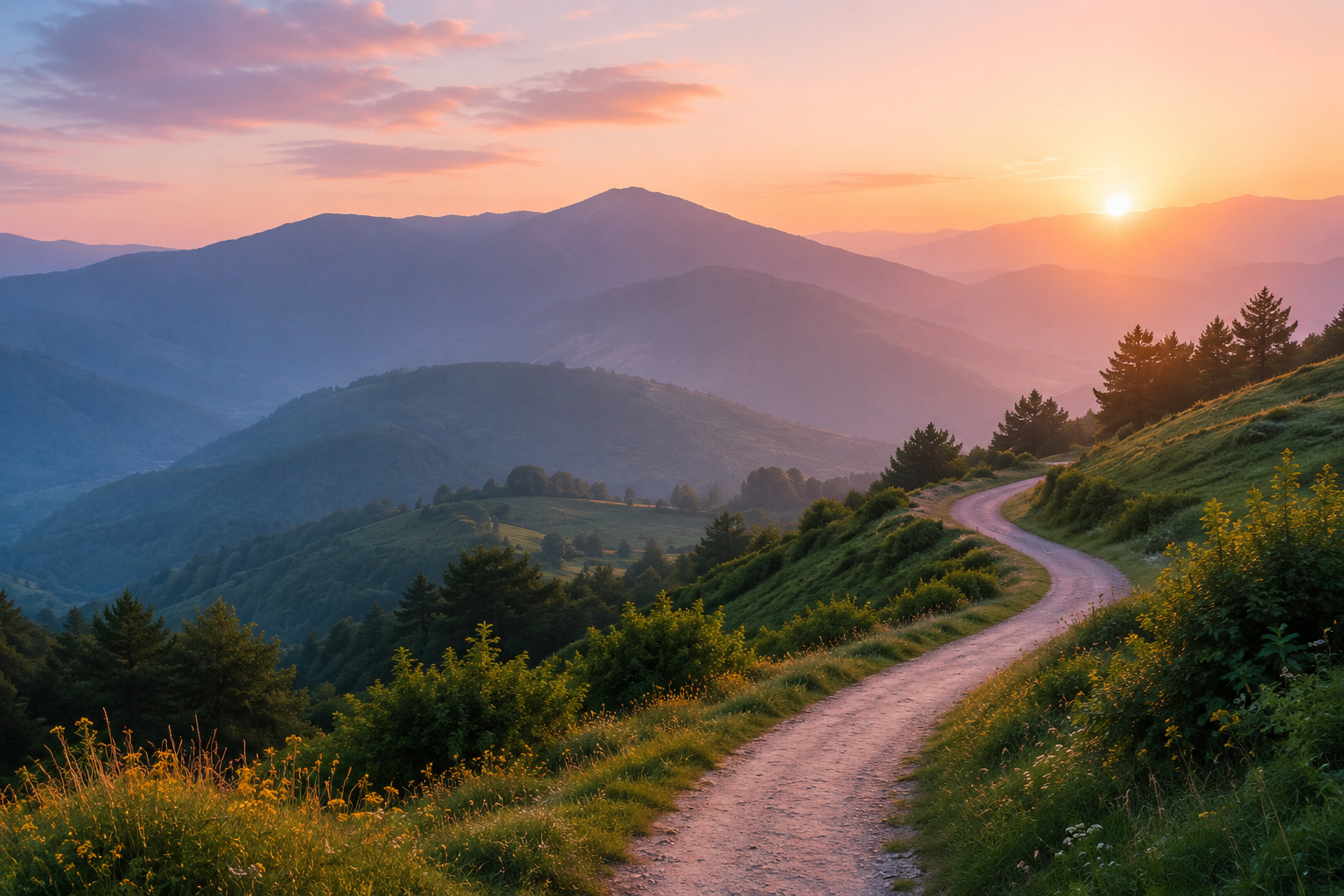 Mountain path at sunrise
